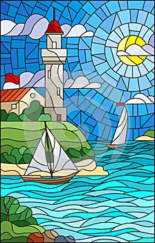 Stained glass illustration with sea view, three ships and a shore with a lighthouse in the background of day cloud sky sun and sea