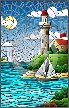 Stained glass illustration with sea view, three ships and a shore with a lighthouse in the background of day cloud sky sun and sea