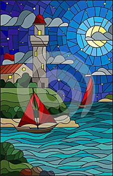 Stained glass illustration with sea view, three ships and a shore with a lighthouse in the background of starry night cloud , moo