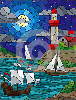 Stained glass illustration with sea view, three ships and a shore with a lighthouse in the background of sterry cloud sky , moon