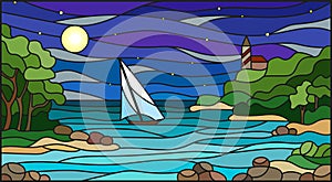 Illustration in Stained glass style with sea views, sailing in rocky Bay on the background of sea , moon and starry sky