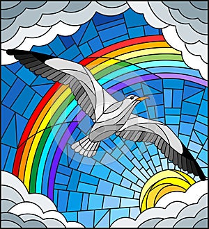 Stained glass illustration with a Seagull on the background of sky, sun , clouds and rainbow