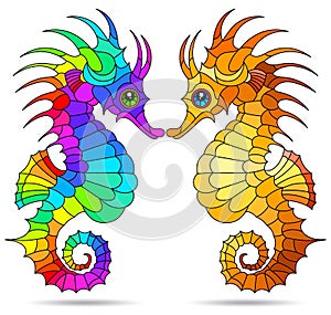 Stained glass illustration with  seahorses, animals isolated on a white background