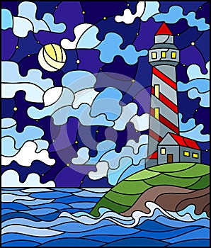 Stained glass illustration with seascape, lighthouse  on a background of sea and night sky with a moon
