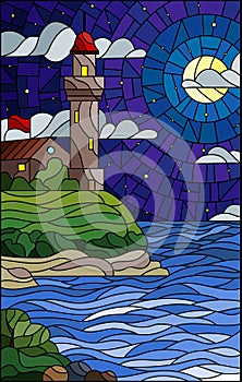 Stained glass illustration with seascape, lighthouse  on a background of sea and starry night sky with moon