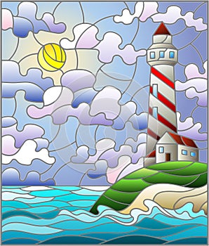 Stained glass illustration with  seascape, lighthouse  on a background of sea and Sunny sky