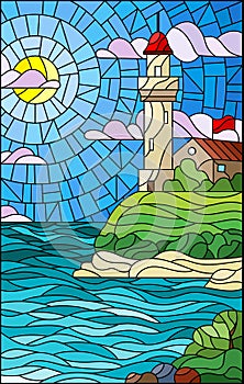 Stained glass illustration with seascape, lighthouse  on a background of sea and Sunny sky