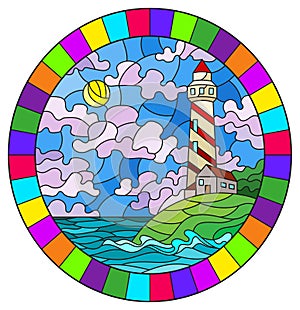 Stained glass illustration with  seascape, lighthouse  on a background of sea and Sunny sky, oval image in bright frame