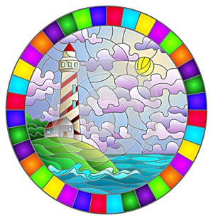 Stained glass illustration with seascape, lighthouse  on a background of sea and Sunny sky, oval image in bright frame
