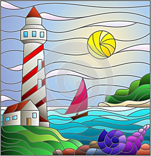 Stained glass illustration with seascape, lighthouse and sailboat on a background of sea and Sunny sky