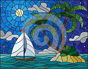 Stained glass illustration with the seascape, tropical island with palm trees and a sailboat on a background of ocean , moon and