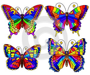 Stained glass illustration with Set of bright abstract rainbow butterflies   isolated on white background