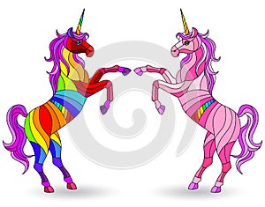 Stained glass illustration with  a set of bright rainbow unicorns, isolated on a white background