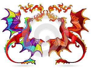 Stained glass illustration with set of bright winged dragons, isolates on white background