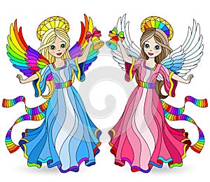 Stained glass illustration with set of cute cartoon angel girls, isolated on a white background