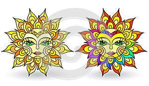 Stained glass illustration with set of suns with faces on a white background isolates photo