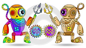 Stained glass illustration with a set of zodiac signs Aquarius, figures isolated on a white background
