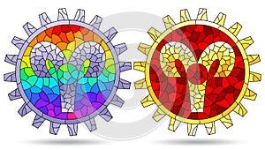 Stained glass illustration with a set of zodiac signs aries, figures isolated on a white background