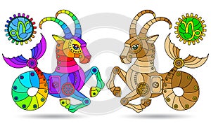 Stained glass illustration with a set of zodiac signs Capricorn, figures isolated on a white background