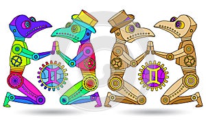 Stained glass illustration with a set of zodiac signs gemini, figures isolated on a white background