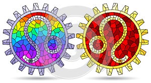 Stained glass illustration with a set of zodiac signs  leo, figures isolated on a white background