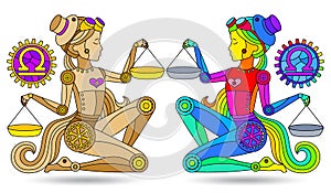 Stained glass illustration with a set of zodiac signs Libra, figures isolated on a white background