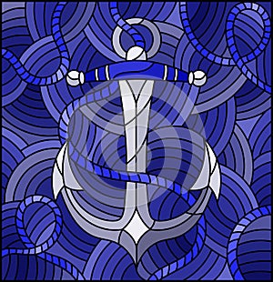 Stained glass illustration with ship anchor and rope on a abstract background of waves,monochrome,tone blue