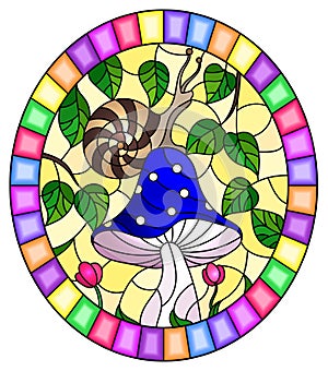 Stained glass illustration with snail on a blue mushroom , on the background branches with leaves and  grass ,oval image in bright