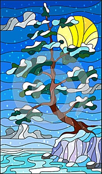 Stained glass illustration with snow-covered pine tree on the shore of the frozen river