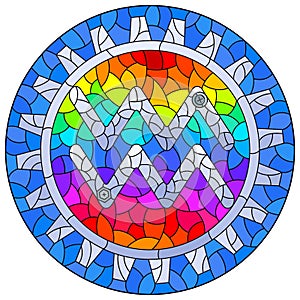 Stained glass illustration with the steam punk sign of the Aquarius horoscope, round image