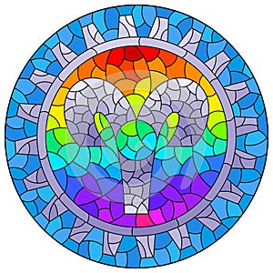 Stained glass illustration with the steam punk sign of the aries horoscope, round image