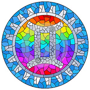 Stained glass illustration with of the steam punk sign of the Gemini horoscope, round image