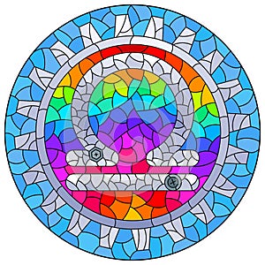 Stained glass illustration with the steam punk sign of the horoscope Libra, round image
