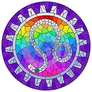 Stained glass illustration with the steam punk sign of the Leo horoscope, round image