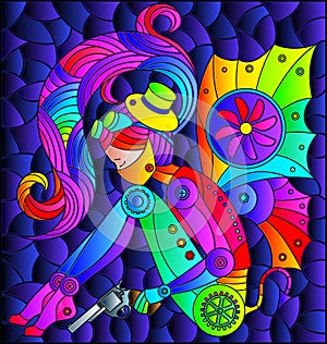 Stained glass illustration with a steampunk girl on a blue background