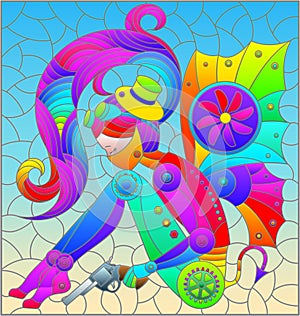 Stained glass illustration with a steampunk girl on a blue background