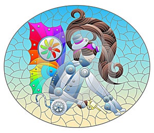 Stained glass illustration with a steampunk girl on a blue background, oval image