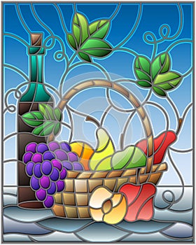 Stained glass illustration with a still life, a bottle of wine, and fruits on a blue background