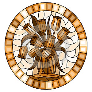 Stained glass illustration with still life, bouquet of Tulips in a glass jar on a light background,oval image in frame, monochrome