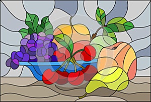 Stained glass illustration with still life, fruits and berries in blue bowl