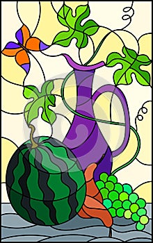 Stained glass illustration with still life, fruits, berries and pitcher on ight background