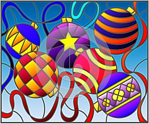 Stained glass illustration with still life of new year toys and serpentine