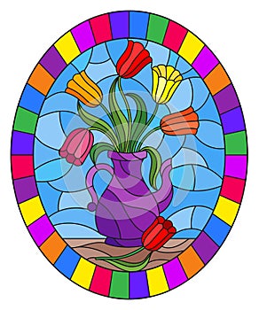 Stained glass illustration with still life, purple jug with colorful tulips,oval picture frame in bright