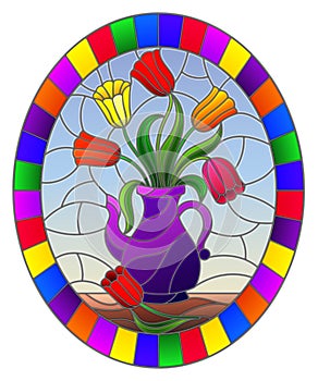 Stained glass illustration with still life, purple jug with colorful tulips,oval picture frame in bright