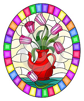 Stained glass illustration with still life, red jug with pink tulips,oval picture frame in bright