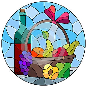 Stained glass illustration with  still life, wine bottle and fruit basket, round image