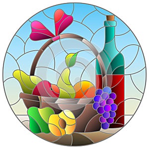 Stained glass illustration with  still life, wine bottle and fruit basket, round image