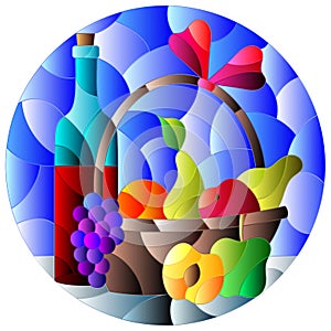 Stained glass illustration with  still life, wine bottle and fruit basket, round image