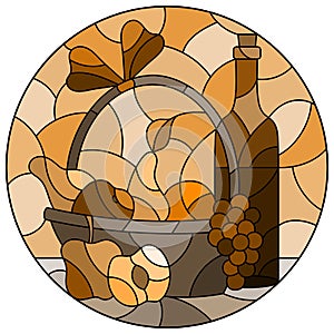 Stained glass illustration with  still life, wine bottle and fruit basket, round image, tone brown