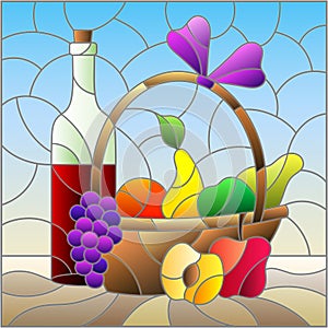 Illustration in the stained glass style  still life, wine bottle and fruit basket, square image